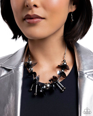 Streamlined Sequins - Black - and Gunmetal Sequin and Bead Flower Paparazzi Short Necklace - 2024 Summer Party Pack Exclusive