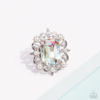 Framed Flourish - Multi - Oversized Emerald-Cut Gem White Pearl Paparazzi Ring - Summer 2024 Party Pack Exclusive