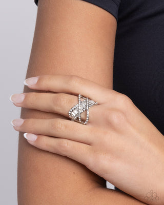 Triple Threat Twinkle - White - Rhinestone Encrusted Criss-Cross Band Paparazzi Ring