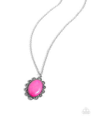 Daisy Dotted Deserts - Pink - Oval Stone Center Silver Flower Paparazzi Short Necklace