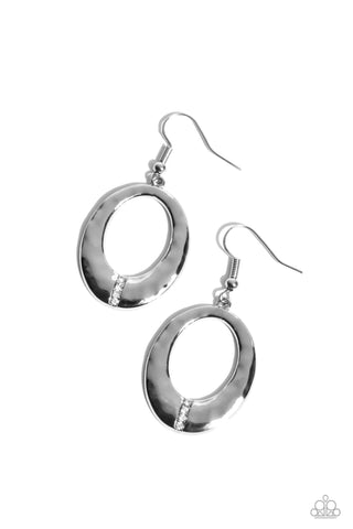 Center Stage Classic - White - Rhinestone Hammered Hoop Paparazzi Fishhook Earrings