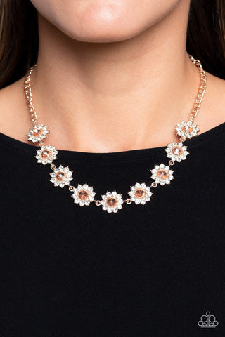 Blooming Brilliance - Rose Gold - Peach Center White Rhinestone Flower Paparazzi Short Necklace