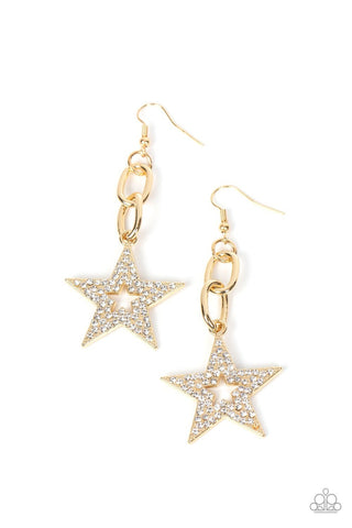 Cosmic Celebrity - Gold - White Rhinestone Encrusted Gold Star Paparazzi Fishhook Earrings