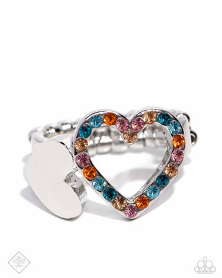 Play a HEART - Orange - Colorful Rhinestone and Silver Heart Paparazzi Dainty Ring - July 2024 Glimpses of Malibu