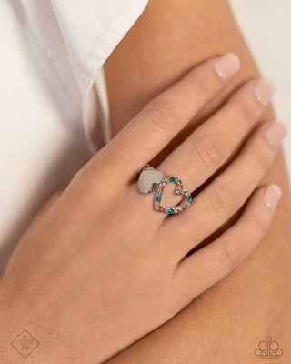 Play a HEART - Orange - Colorful Rhinestone and Silver Heart Paparazzi Dainty Ring - July 2024 Glimpses of Malibu