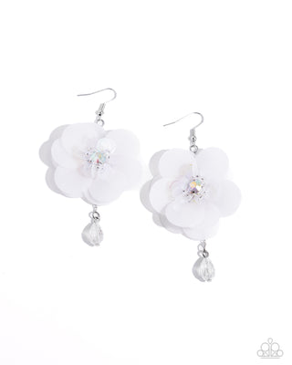 Oversized Opulence - White- Iridescent Sequin Flower Teardrop Bead Paparazzi Fishhook Earrings