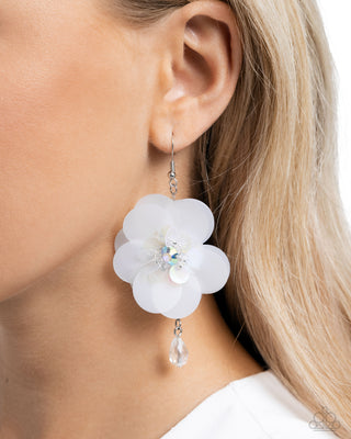 Oversized Opulence - White- Iridescent Sequin Flower Teardrop Bead Paparazzi Fishhook Earrings