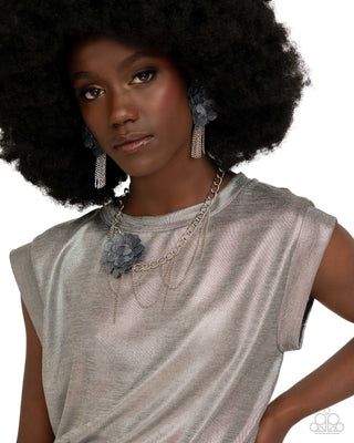 Deconstructed Denim - Blue - Metallic Silver and Denim Flower Silver Chain Paparazzi Short Necklace