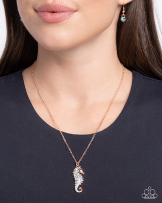 Seahorse Sailor - Copper - Blue and Iridescent Rhinestone Paparazzi Short Necklace
