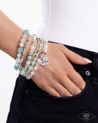 Optimistic Opulence - Multi - Green, Blue, and White Bead "Love Your Life" Inspirational Paparazzi Stretchy Bracelet - Pink Diamond Exclusive
