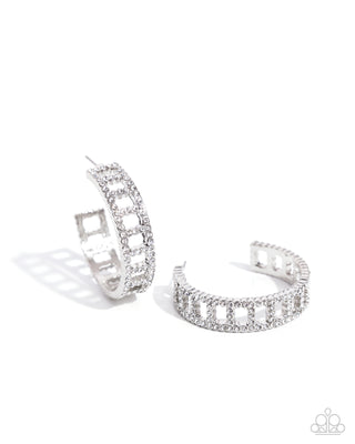Bridging Brilliance - White - Rhinestone Encrusted Paparazzi Hoop Earrings - 2024 Convention Exclusive