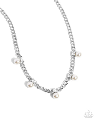 Pearl Pedestal - White - Square Gem and Pearl Silver Curb Chain Paparazzi Short Necklace