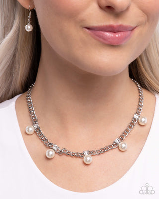 Pearl Pedestal - White - Square Gem and Pearl Silver Curb Chain Paparazzi Short Necklace