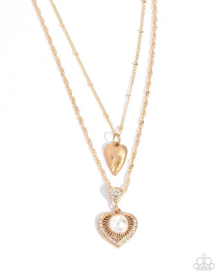 Abstract Affection - Gold - Heart White Pearl Tiered Paparazzi Short Necklace
