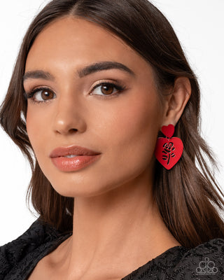 Showstopping Silhouette - Red - Painted Heart Frame Rose Flower Cutout Paparazzi Post Earrings