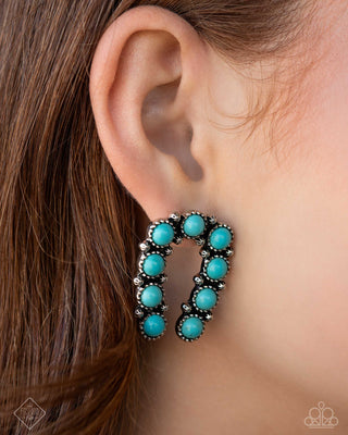 Wild West Wonder - Blue - Turquoise Stone Silver Horseshoe Paparazzi Post Earrings - September 2024 Simply Santa Fe