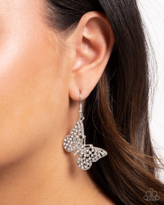 Aerial Audience - White - Rhinestone Butterfly Paparazzi Fishhook Earrings