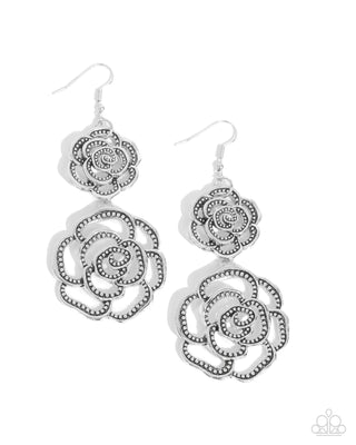 Reminiscent Rosette - Silver - Studded Flower Paparazzi Fishhook Earrings