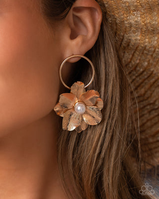 Backyard Bling - Gold - Hoope White Pearl Center Flower Paparazzi Post Earrings
