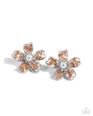 Complete Look - Chiseled Casino Earrings & Chiseled Captain Ring - Brown Flower - Set