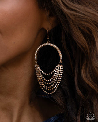 Ostentatious Opulence - Gold - White Rhinestone Looped Strand Paparazzi Fishhook Earrings - 2025 Empower Me Pink Exclusive