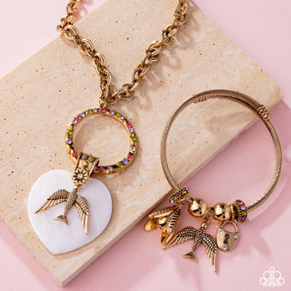 Malibu Meeting - Multi - Colorful Rhinestone Gold Bird Charm Paparazzi Coil Bracelet - March 2025 Life of the Party Exclusive