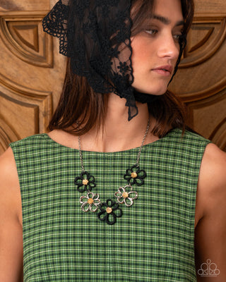 Beau Bouquet - Black - and Silver Flower Gold Center Paparazzi Short Necklace