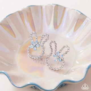 Bunny Backdrop - Blue - Opalescent Gem Flower White Rhinestone Easter Paparazzi Post Earrings