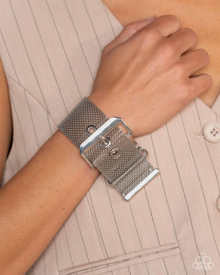 Defiant Display - Silver - Mesh Chain Buckle Paparazzi Bracelet - 2025 Empower Me Pink Exclusive