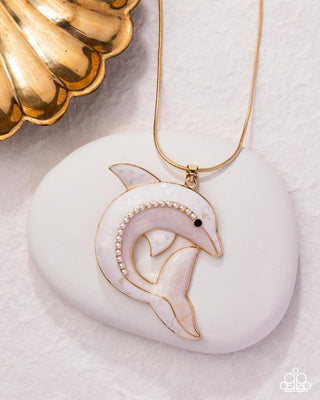 Dolphin Dive - Gold - White Painted and Pearl Accented Pendant Paparazzi Short Necklace