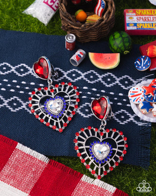 Patriotic Pattern - Multi - Rhinestone Heart Americana Patriotic Paparazzi Clip-on Earrings