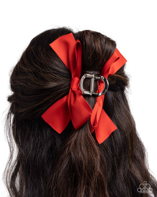 Coquette Class - Red - Ribbon Bow Silver Frame Paparazzi Hair Claw Clip