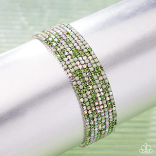 Candlelight Cascade - Green - White, and Iridescent Rhinestone Paparazzi Stretchy Bracelet