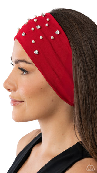 Effortless Energy - Red - White Pearl and Rhinestone Paparazzi Fabric Headband