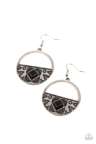 Sandstone Prairie - Black - Stone Geometric Silver Half Moon Paparazzi Fishhook Earrings