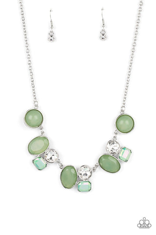 Fantasy World - Green - Bead and White Rhinestone Paparazzi Short Necklace