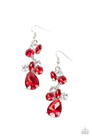 Rhinestone Reveler - Red - Round, Teardrop, Marquise Rhinestone Paparazzi Fishhook Earrings