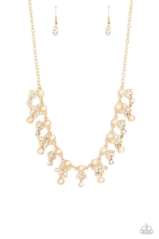 Garden Princess - Gold - White Rhinestone Leafy Filigree Paparazzi Short Necklace