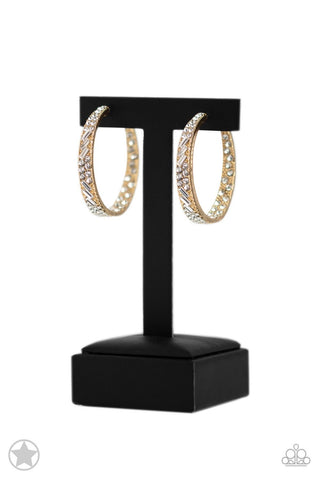 GLITZY by Association - Gold - White Rhinestone Paparazzi Blockbuster Hoop Earrings