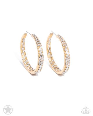 GLITZY by Association - Gold - White Rhinestone Paparazzi Blockbuster Hoop Earrings