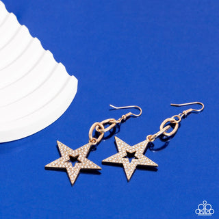 Cosmic Celebrity - Gold - White Rhinestone Encrusted Gold Star Paparazzi Fishhook Earrings