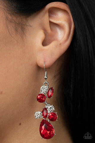 Rhinestone Reveler - Red - Round, Teardrop, Marquise Rhinestone Paparazzi Fishhook Earrings