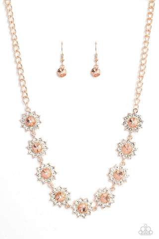 Blooming Brilliance - Rose Gold - Peach Center White Rhinestone Flower Paparazzi Short Necklace