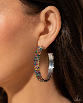 Stacked Symmetry - Multi - Colorful Rhinestone Paparazzi Hoop Earrings - 2024 Empower Me Pink Exclusives