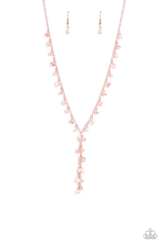 Chiseled Catwalk - Copper - White Gem Encrusted Y-Shape Paparazzi Short Necklace