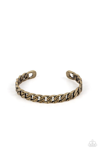Some Serious Shimmer - Brass - Flat Chain Link Aurum Rhinestone Paparazzi Men's Cuff Bracelet