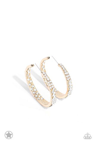 GLITZY by Association - Gold - White Rhinestone Paparazzi Blockbuster Hoop Earrings