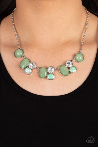 Fantasy World - Green - Bead and White Rhinestone Paparazzi Short Necklace