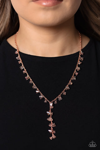 Chiseled Catwalk - Copper - White Gem Encrusted Y-Shape Paparazzi Short Necklace