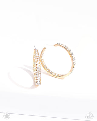 GLITZY by Association - Gold - White Rhinestone Paparazzi Blockbuster Hoop Earrings